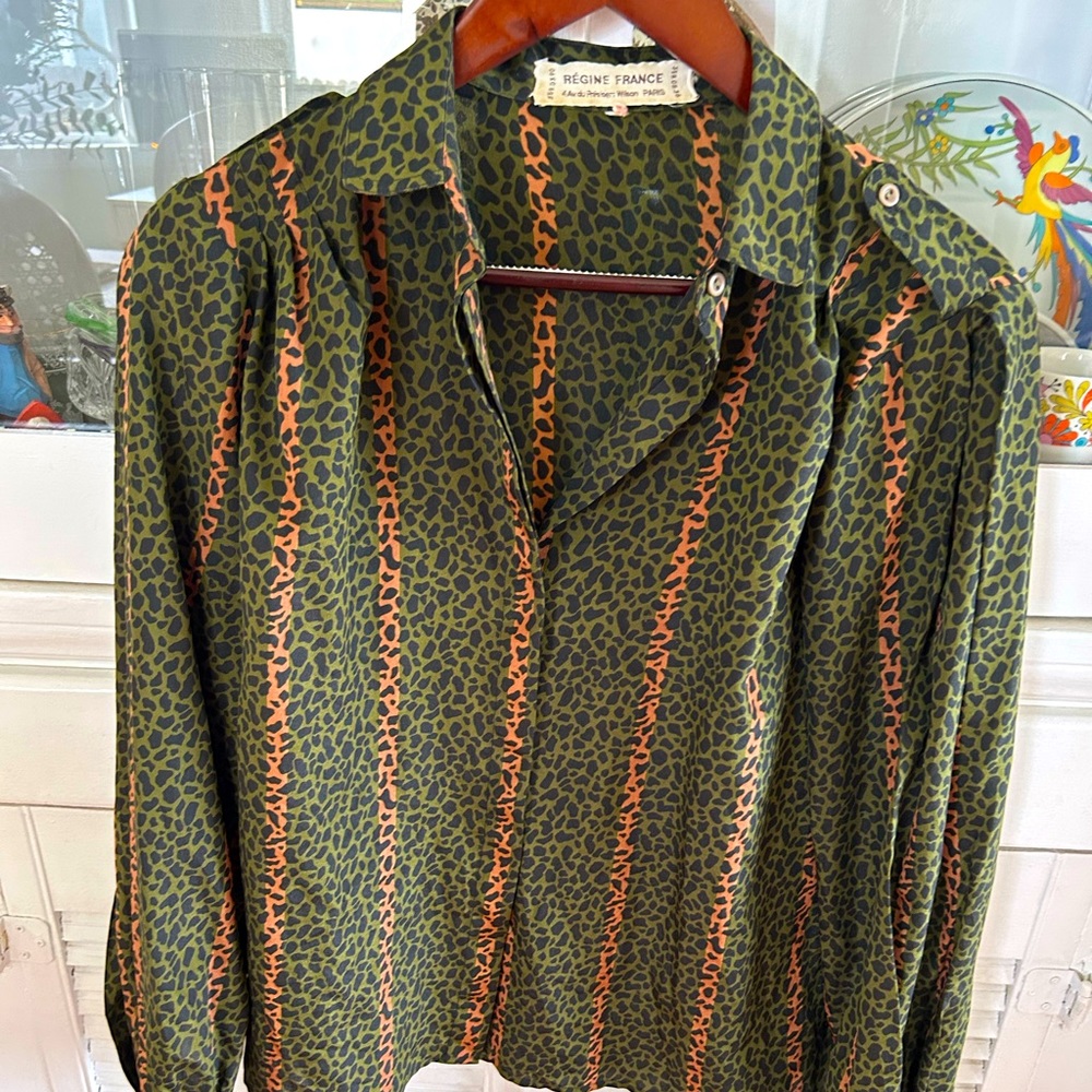 Vintage Regine Paris France blouse with green and terracotta leopard print